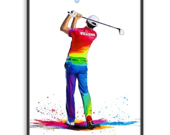 May include: A watercolour painting of a golfer wearing a rainbow-coloured shirt and trousers, swinging a golf club. The background is a white canvas with colourful splatters.