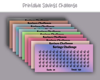 May include: A printable savings challenge with a gradient background. The challenge is to save $10 each day for 75 days, totaling $750. The image shows 75 small house icons in a grid pattern.