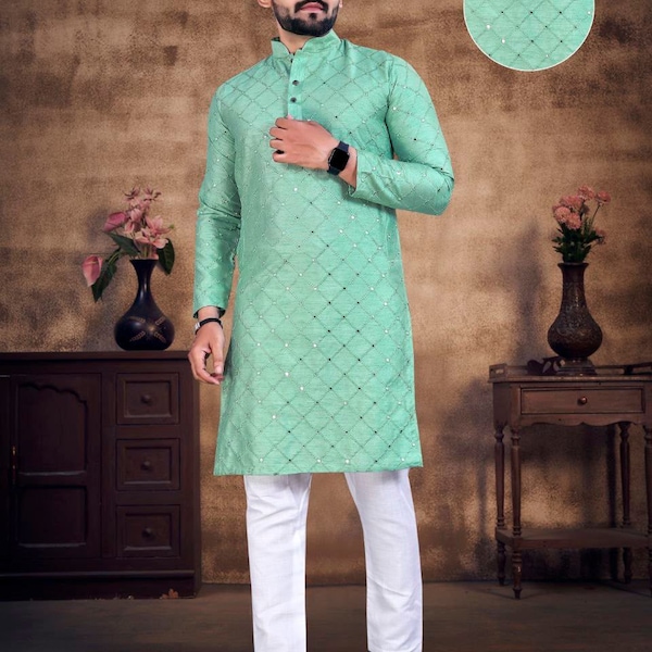 Mens 100% cotton mirror work • Kurta for Man • Man Kurta• Indian Wedding Kurta Pajama Set • Eid kurta, Mens kurta, Indian Kurta