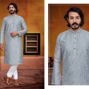 Mens Pure Silk With Sequence Embroidery Work Kurta Man Kurta