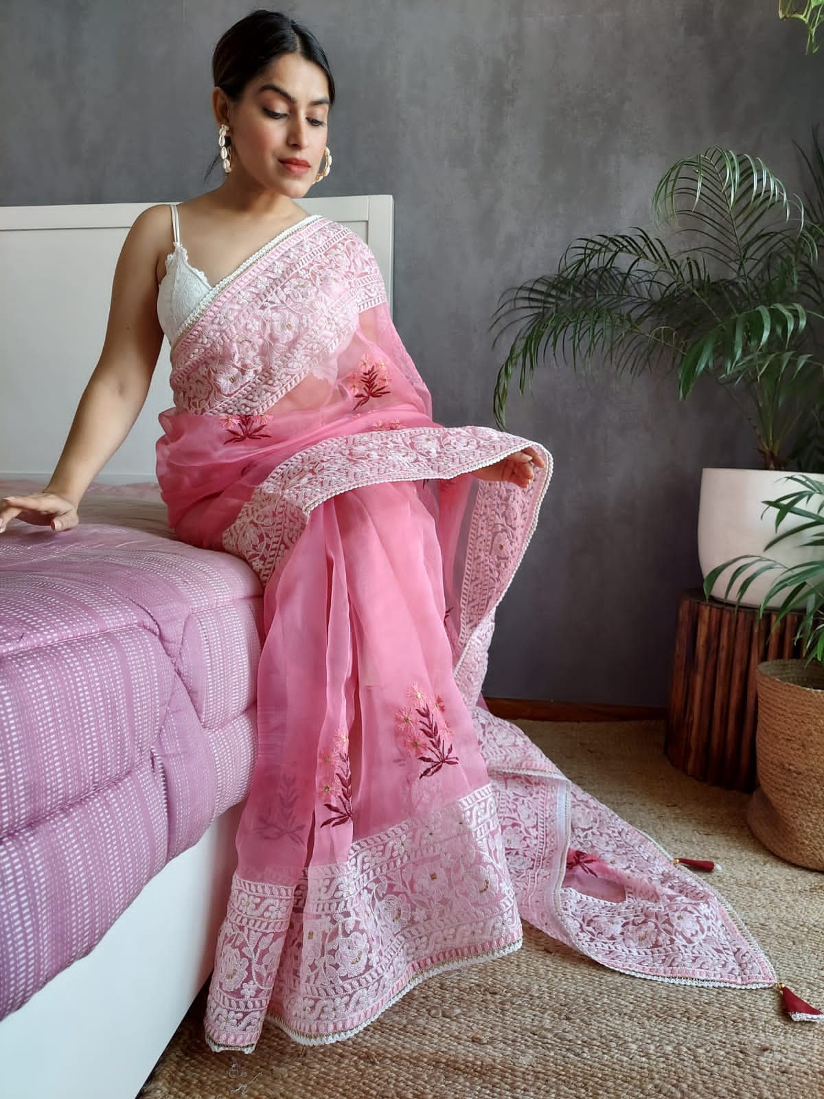 Baby pink colour store wedding sarees
