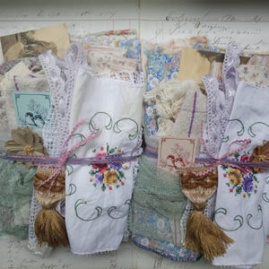 Bargain bundle of vintage English and other vintage fabric, vintage cross stitch, vintage ephemera, lace, junk journal, slow stitch supplies