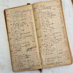 May include: An open antique ledger book with yellowed pages featuring handwritten cursive entries in black ink. The columns contain dates, descriptions of services like shoeing and repairs, and numerical values. Page numbers 84 and 85 are visible.