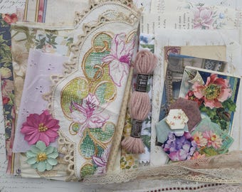 Vintage fabric, ephemera, sewing notions, vintage French lace, vintage hand embroidered cloth, antique ephemera, slow stitch, junk journal