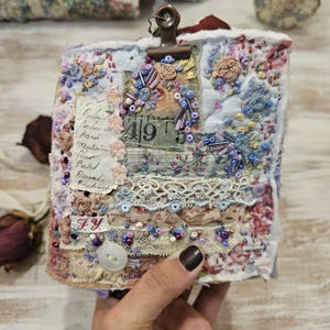 Handmade journal, embroidered journal, junk journal, art journal, textile collate, hand embroidery, slow stitch cover, antique ephemera