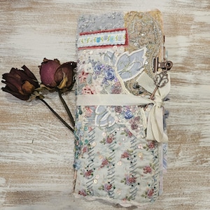 Handmade journal, embroidered journal, junk journal, art journal, textile collate, hand embroidery, slow stitch cover, antique ephemera