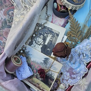 Vintage Box filled with vintage haberdashery, lace, ephemera, linens and wallpaper, handmade journal, heirloom envelope, original artwork