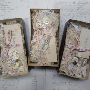 Vintage French card box with antique lace, ephemera and buttons, junk journals, slow stitch, mixed media, textile art, collage, sewing