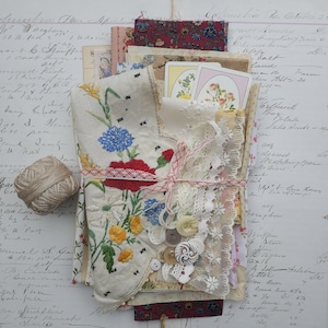 Vintage fabric, ephemera, antique lace, antique hand embroidered linen, vintage sewing notions, embellishments, slow stitch, junk journals