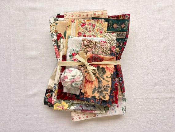 Vintage English fabric bundle vintage textiles slow stitch junk journal kit mixed media fabric collage cutter quilt cotton ribbon