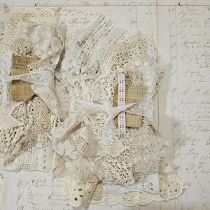 Vintage and antique lace and fabric bundle, French lace, English lace, junk journal supply, slow stitch, lace and fabric sampler, sewing