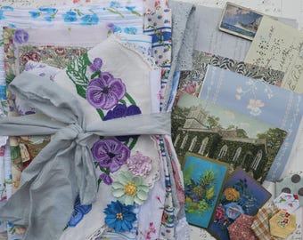 Vintage fabric and ephemera, vintage hand embroidered linen, antique ephemera and vintage sewing notions, slow stitch, junk journal supplies
