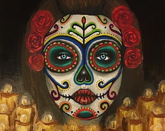 May include: A painting depicting a woman with sugar skull makeup. The woman has dark hair and is surrounded by lit candles. The background is black.