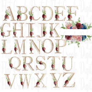 Letras del alfabeto con brillo dorado con flores, alfabeto PNG con letras de flores para sublimación, letras A-Z para sublimación, regalo de boda PNG