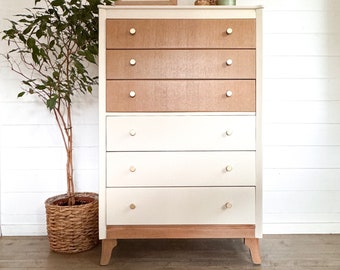 Classic Mid Century Lebus Tallboy in Cream and Wood Tones.