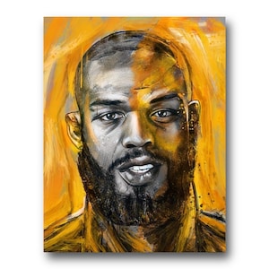 Puede incluir: Un retrato de cerca de un hombre con barba. La pintura está realizada en un estilo estilizado y abstracto con un fondo amarillo y dorado.
