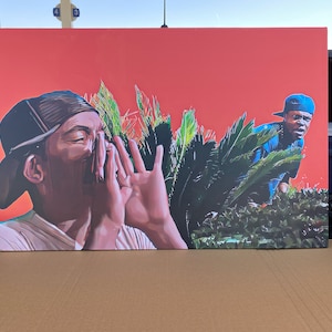 May include: A painting of two men, one with his hands over his mouth and the other looking over his shoulder. The background is a red wall with green plants.