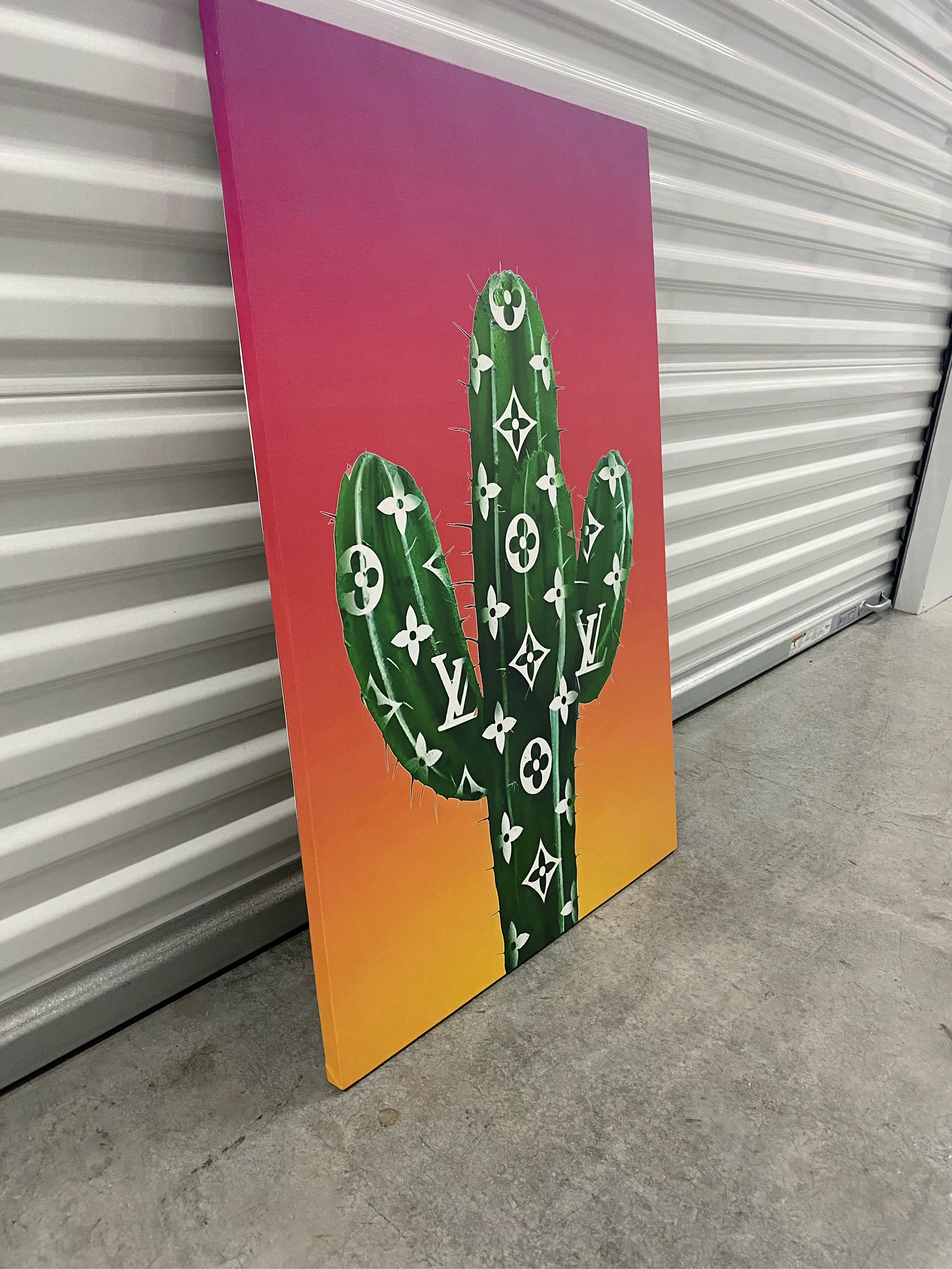 A surrealist painting of a louis vuitton bag made of cactus