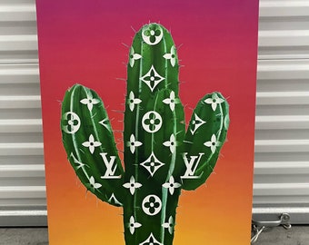 A surrealist painting of a louis vuitton bag made of cactus