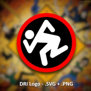 May include: A red circle with a black background and a white stick figure performing a stylized dance move. The text "DRI Logo - .SVG + .PNG" is below the circle.