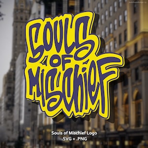 Peut inclure: Un logo jaune et violet avec le texte "Souls of Mischief" dans une police de caractères stylisée. Le logo est en 3D et a une ombre derrière lui.