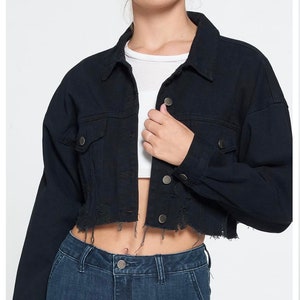 Distressed cropped oversize black Denim Women Jacket Vintage design - Gift for her - High Waist Jacket so flattering!