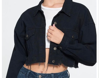 Distressed cropped oversize black Denim Women Jacket Vintage design - Gift for her - High Waist Jacket so flattering!