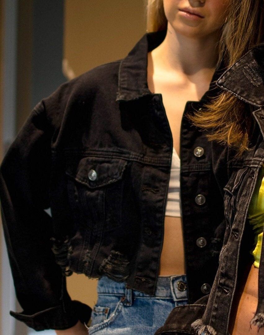 Distressed Black Denim Jacket - Etsy