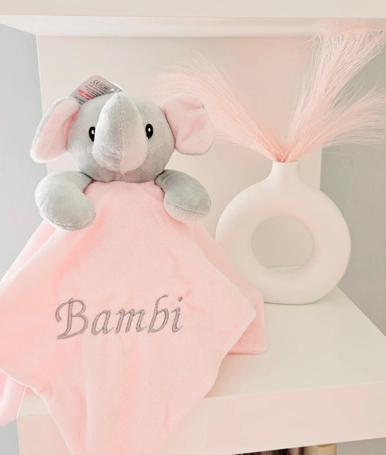 Personalised Baby Comforter:Elephant, Teddy, Puppy, Embroidered Super Soft Newborn Gift Pink elephant