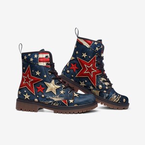 Americana Star Patch Hiking Combat Boots Faux Leather Lace-Up Footwear