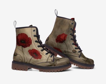 Scarlet Poppy Hiking Combat Boots Faux Leather Lace-Up Footwear
