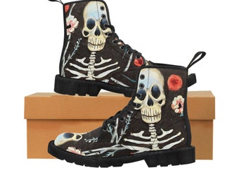 Floral Skull Women's Canvas Combat Boots