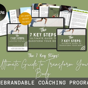 Könnte beinhalten: Ein digitales Produkt-Mockup mit einem Tablet-Bildschirm, auf dem der Text "The 7 Key Steps: Ultimate Guide to Transform Your Body" angezeigt wird. Der Text ist in einer weißen serifenlosen Schriftart auf weißem Hintergrund. Das Tablet ist von anderen digitalen Produkt-Mockups umgeben, darunter ein Dokument mit dem Text "40+ Seiten bereit zum Verkauf".
