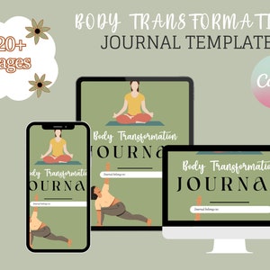 May include: A digital mockup of a printable body transformation journal template. The template is shown on a computer screen, tablet, and smartphone. The template features a green background with a simple design and the text "Body Transformation Journal".
