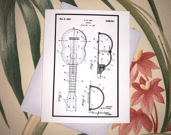 Cocolele Coconut Ukulele Patent Drawing Greeting Note Art Card