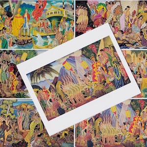 May include: A vintage postcard collage depicting scenes of Hawaiian culture. The collage features images of people dancing, playing music, and enjoying the beach. The postcard is in good condition with some minor wear and tear.