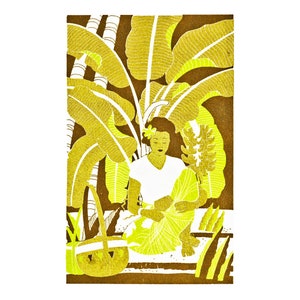 May include: A woman sits in a yellow and brown illustration of a tropical garden. She is wearing a white shirt and a yellow skirt. She is surrounded by banana leaves and other tropical plants.