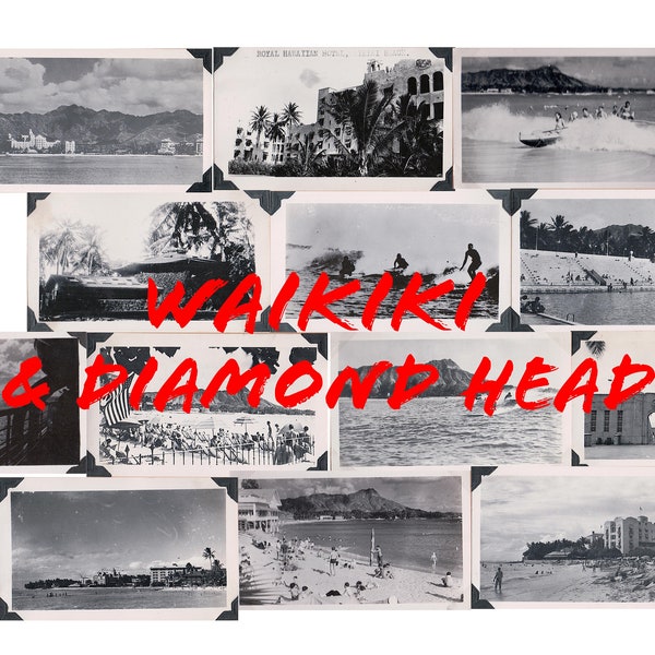 13 Vintage B&W Photos Hawaii Waikiki Beach Diamond Head Natatorium Aquarium Surfers Hotels