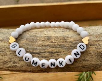 Blumenkind Perlenarmband Armband Trauung Hochzeit Weiß Gold Holzperlen Herzen Personalisiert