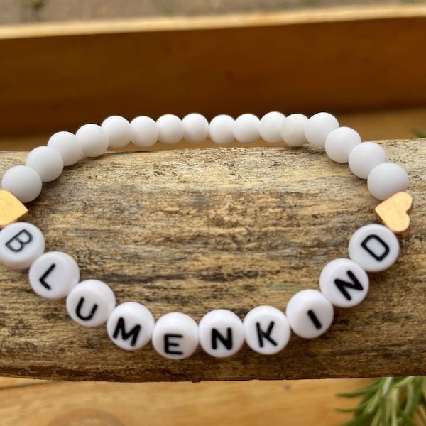 Blumenkind Perlenarmband Armband Trauung Hochzeit Weiß Gold Holzperlen Herzen Personalisiert