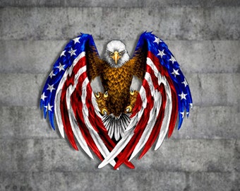 May include: A bald eagle with its wings spread wide, forming a heart shape. The eagle's wings are decorated with the American flag, with red, white, and blue stripes and stars. The eagle's head is facing forward, with a serious expression.