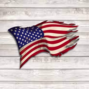 May include: A tattered American flag waving in the wind, with red and white stripes and a field of blue stars.