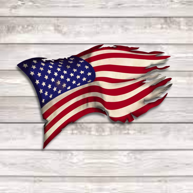 May include: A tattered American flag waving in the wind, with red and white stripes and a field of blue stars.