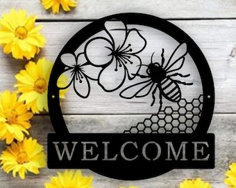 Metal Honey Bee Welcome Sign, Front Door Sign, Outdoor Metal Art, Housewarming Gift, Mother's Day Gift, Fast Shipping, Made In America