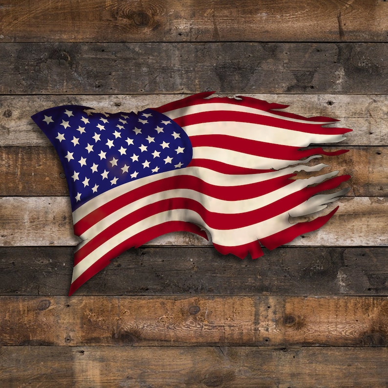 May include: A tattered American flag with red, white and blue stripes and stars, hanging against a weathered wooden background.