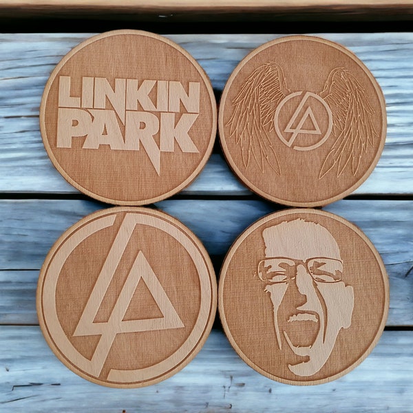 Posavasos de madera de Linkin Park, decoración del hogar con temática de banda, regalo único para fanáticos, coleccionables de Linkin Park, mercancía de la banda de rock, posavasos hecho a mano