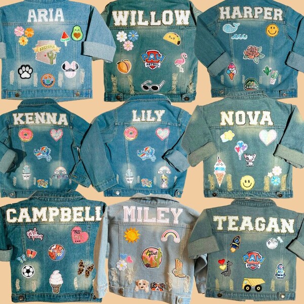 Chenille letter patch jean jacket, Custom Denim Jackets For Kids, girls jean jacket with name, custom chenille patch jacket, custom jackets