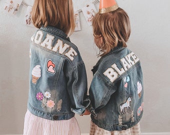 Chenille letter patch jean jacket, Custom Denim Jackets For Kids, girls jean jacket with name, custom chenille patch jacket, custom jackets