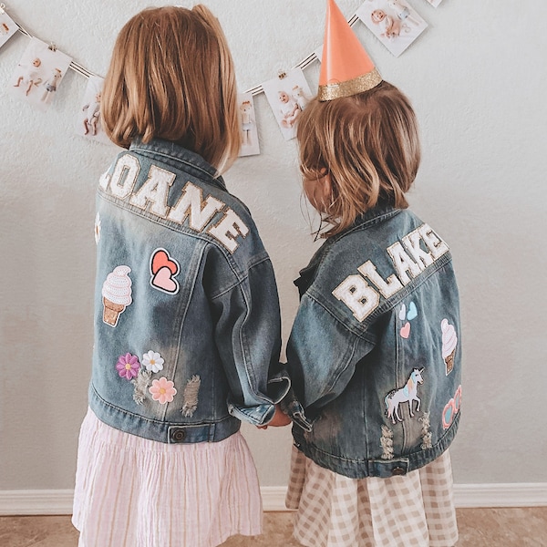 Chenille letter patch jean jacket, Custom Denim Jackets For Kids, girls jean jacket with name, custom chenille patch jacket, custom jackets