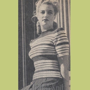 Jersey de manga abullonada a rayas de la década de 1940 - Patrón de tejido vintage PDF (suéter utilitario semanal para mujeres)